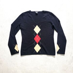 Lord & Taylor cashmere Argyle  V-neck Pullover sweater Black Sz M